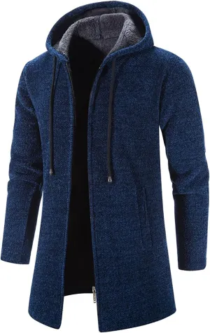 tuduoms Men's Zip Up Hooded Fleece Long Cardigan Sweater Winter Fashion Warm Sherpa Lined Jacket Coat Hoodies with Pockets