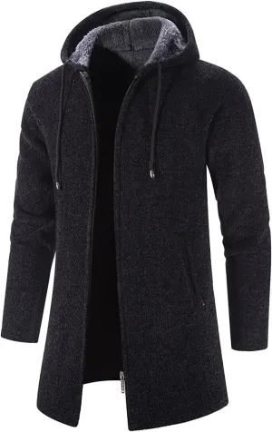 tuduoms Men's Zip Up Hooded Fleece Long Cardigan Sweater Winter Fashion Warm Sherpa Lined Jacket Coat Hoodies with Pockets