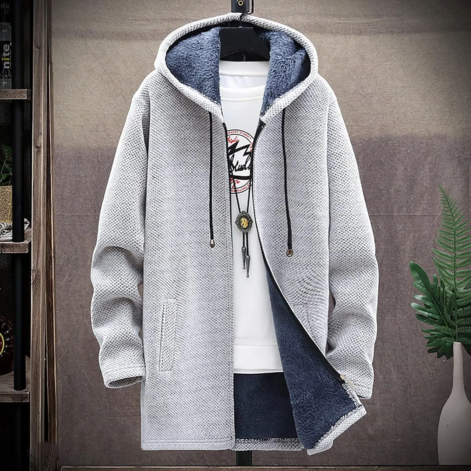 tuduoms Men's Zip Up Hooded Fleece Long Cardigan Sweater Winter Fashion Warm Sherpa Lined Jacket Coat Hoodies with Pockets