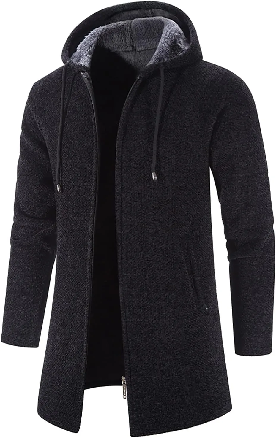 tuduoms Men's Zip Up Hooded Fleece Long Cardigan Sweater Winter Fashion Warm Sherpa Lined Jacket Coat Hoodies with Pockets