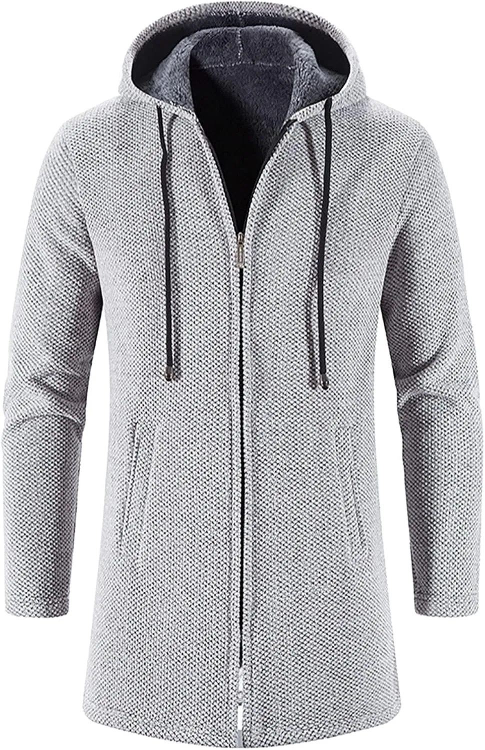 tuduoms Men's Zip Up Hooded Fleece Long Cardigan Sweater Winter Fashion Warm Sherpa Lined Jacket Coat Hoodies with Pockets