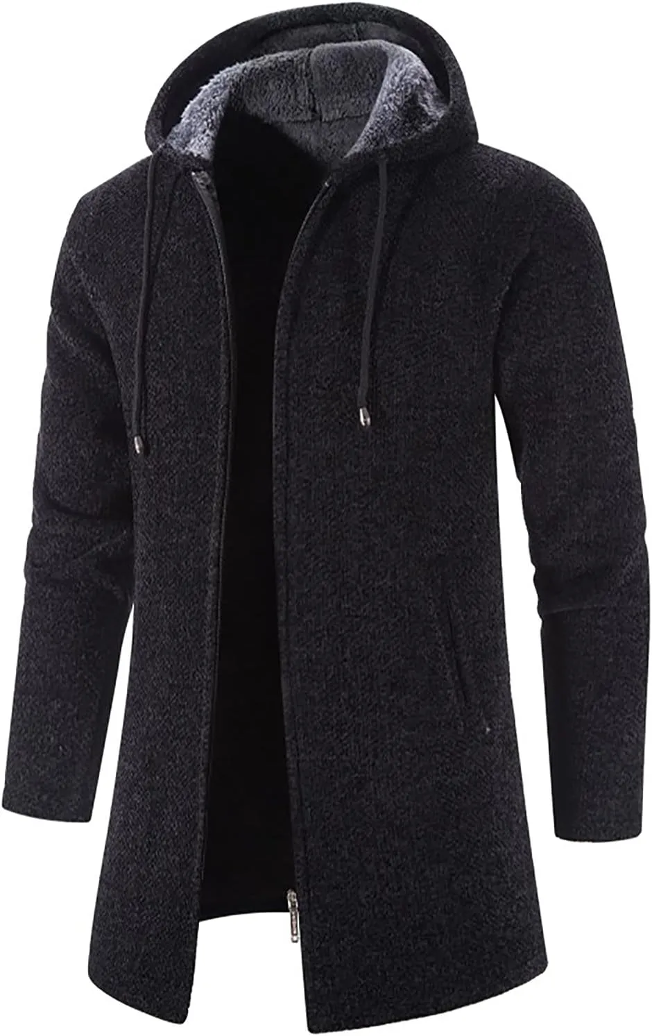 tuduoms Men's Zip Up Hooded Fleece Long Cardigan Sweater Winter Fashion Warm Sherpa Lined Jacket Coat Hoodies with Pockets
