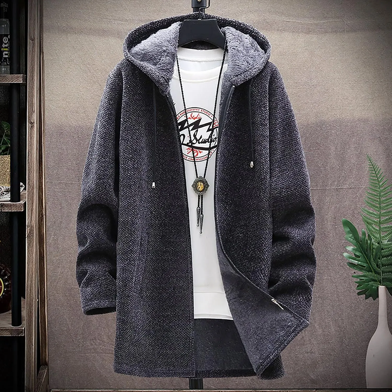 tuduoms Men's Zip Up Hooded Fleece Long Cardigan Sweater Winter Fashion Warm Sherpa Lined Jacket Coat Hoodies with Pockets