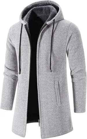 tuduoms Men's Zip Up Hooded Fleece Long Cardigan Sweater Winter Fashion Warm Sherpa Lined Jacket Coat Hoodies with Pockets