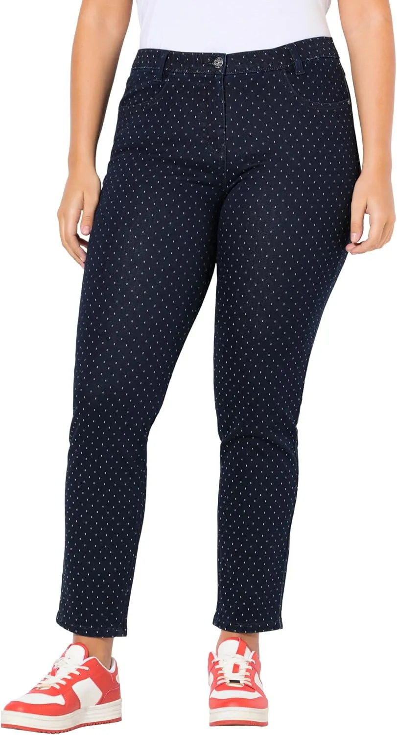 Ulla Popken Womenswear Plus Size Curvy Polka Dot Stretch Fit Jeans Dark Blue Denim 12 830630903