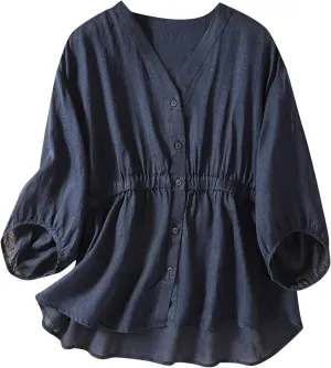 V Neck Linen Tshirts for Women Summer Fall 3/4 Dolman Sleeve Relaxed Fit Long Basic Tee Shirt Tops Women 2025 FN