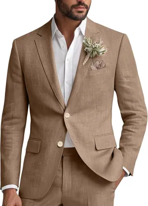 Wangyue Linen Suit for Men 2 Piece Suit Classic Fit Mens Linen Suits for Beach Wedding Suit Casual Blazer Pant Prom Suit