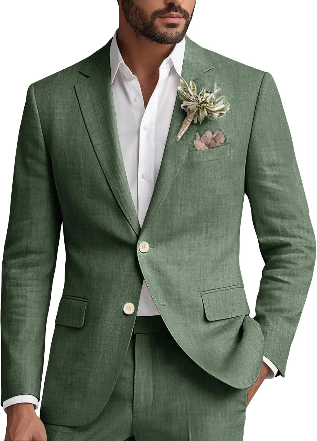 Wangyue Linen Suit for Men 2 Piece Suit Classic Fit Mens Linen Suits for Beach Wedding Suit Casual Blazer Pant Prom Suit