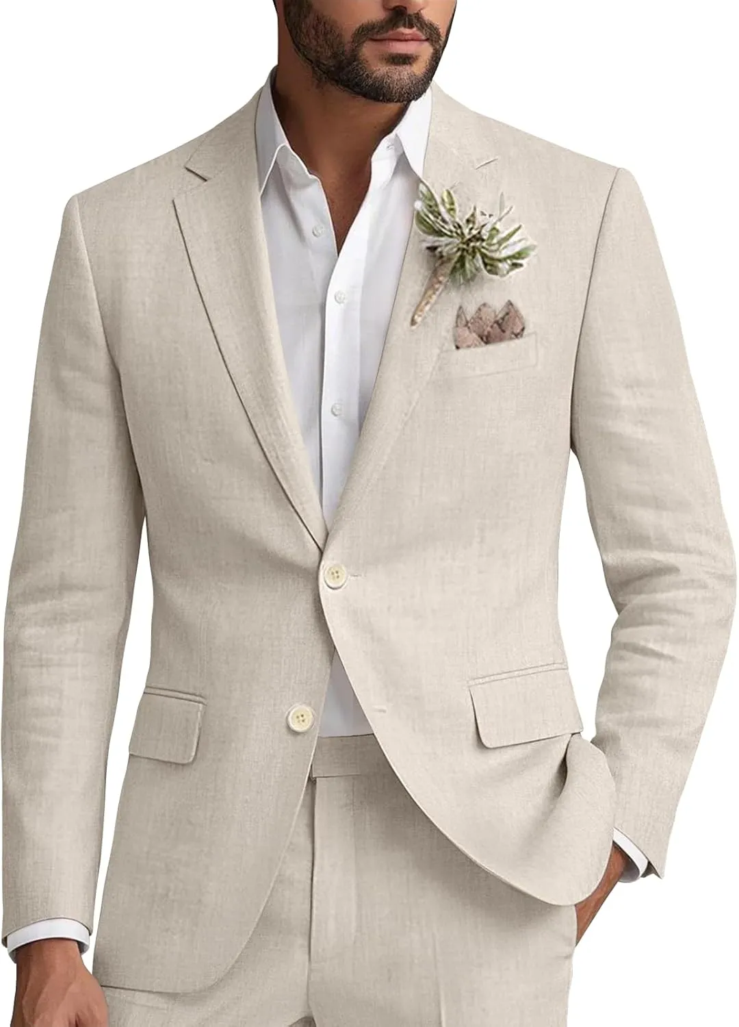Wangyue Linen Suit for Men 2 Piece Suit Classic Fit Mens Linen Suits for Beach Wedding Suit Casual Blazer Pant Prom Suit