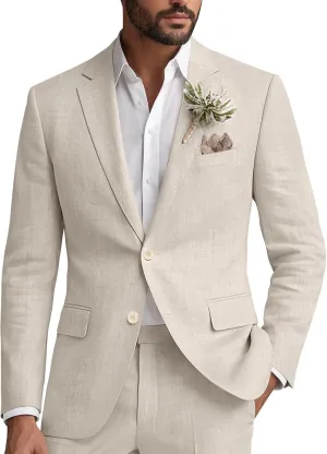 Wangyue Linen Suit for Men 2 Piece Suit Classic Fit Mens Linen Suits for Beach Wedding Suit Casual Blazer Pant Prom Suit