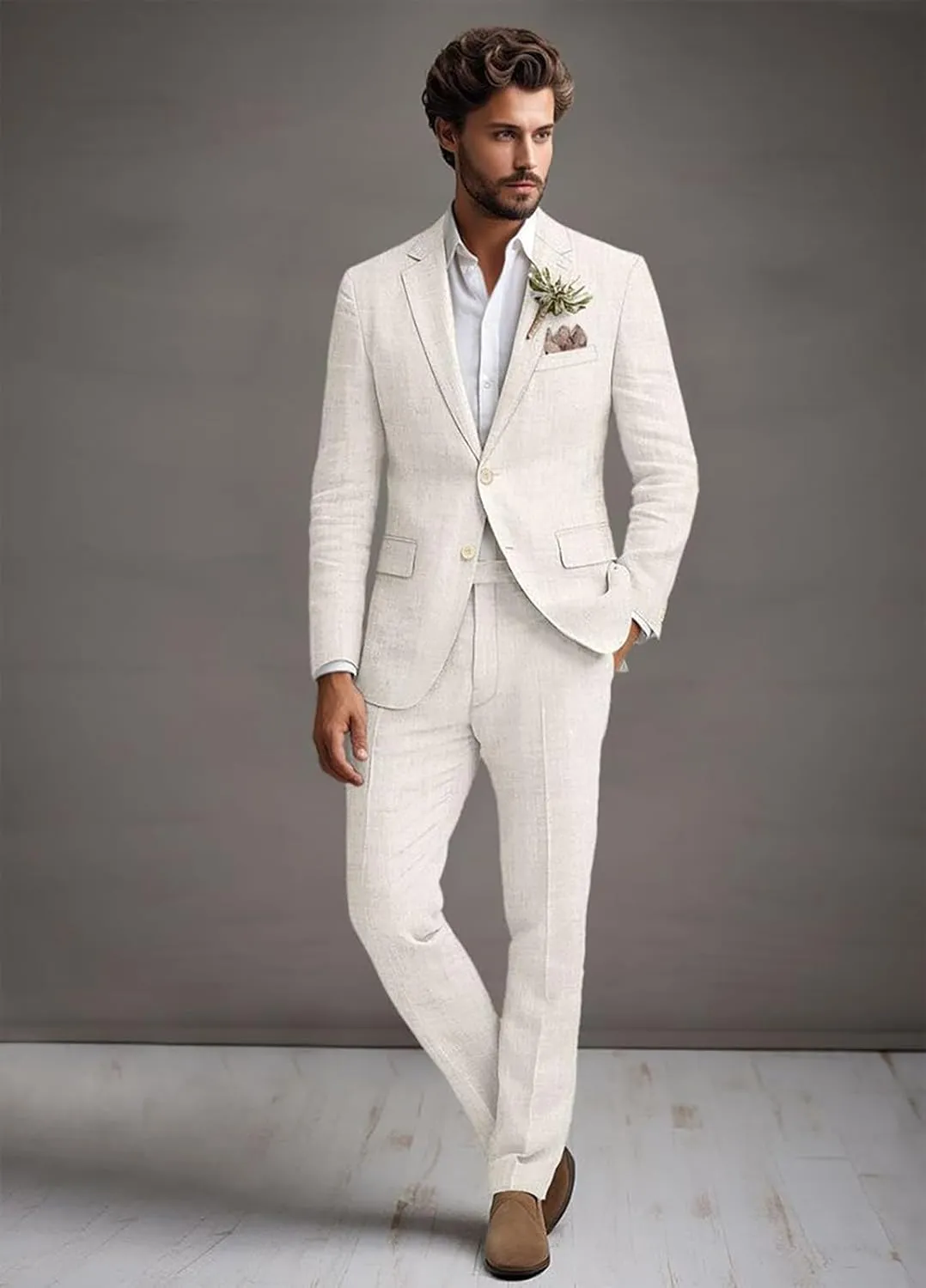 Wangyue Linen Suit for Men 2 Piece Suit Classic Fit Mens Linen Suits for Beach Wedding Suit Casual Blazer Pant Prom Suit