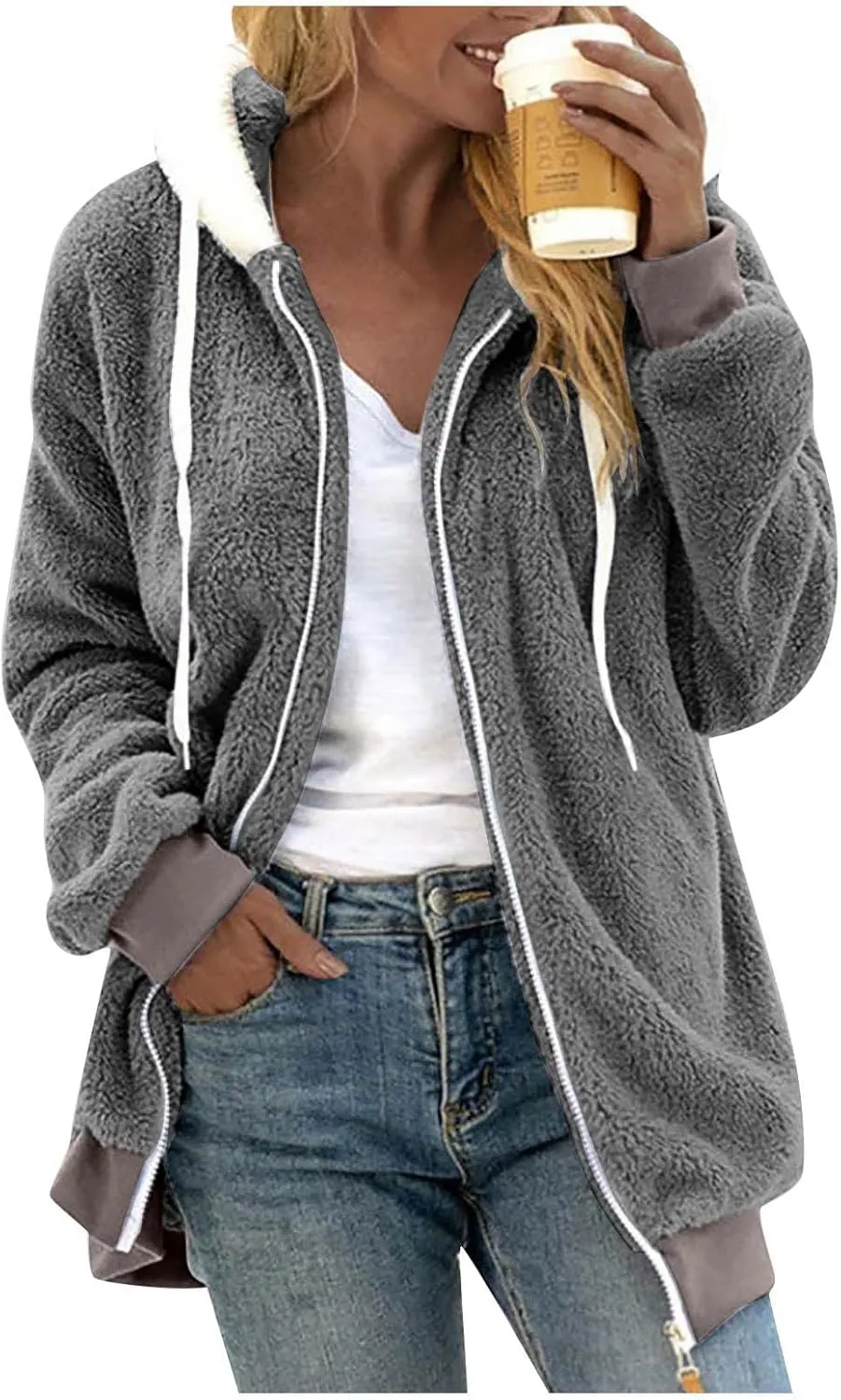 Winter Coats for Women Hooded Sherpa Jacket Fleece Oversized Trendy Color Block Jackets Warm Outerwear 2024