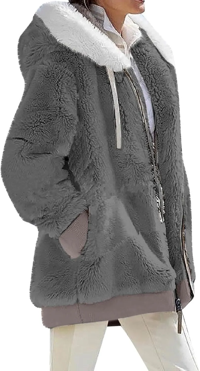 Winter Coats for Women Hooded Sherpa Jacket Fleece Oversized Trendy Color Block Jackets Warm Outerwear 2024