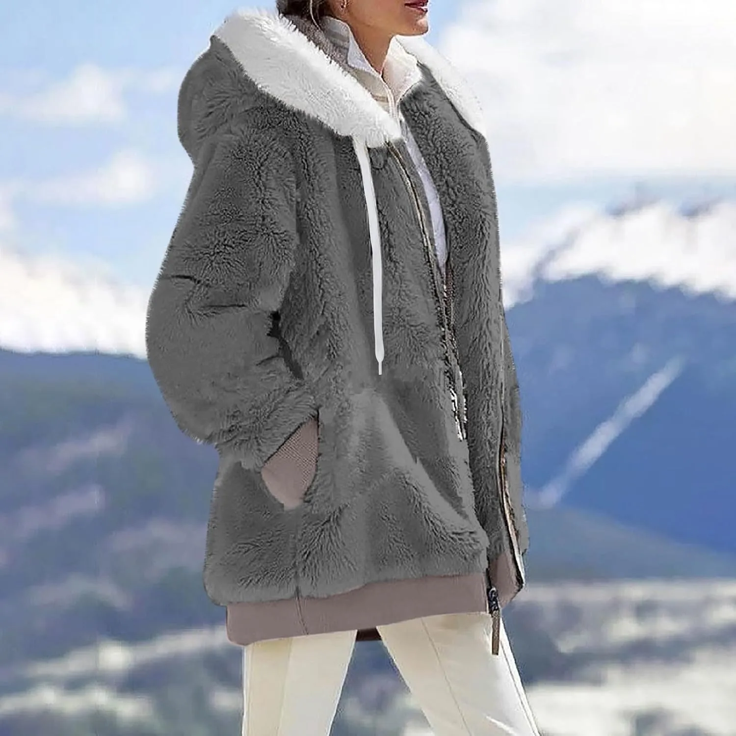 Winter Coats for Women Hooded Sherpa Jacket Fleece Oversized Trendy Color Block Jackets Warm Outerwear 2024
