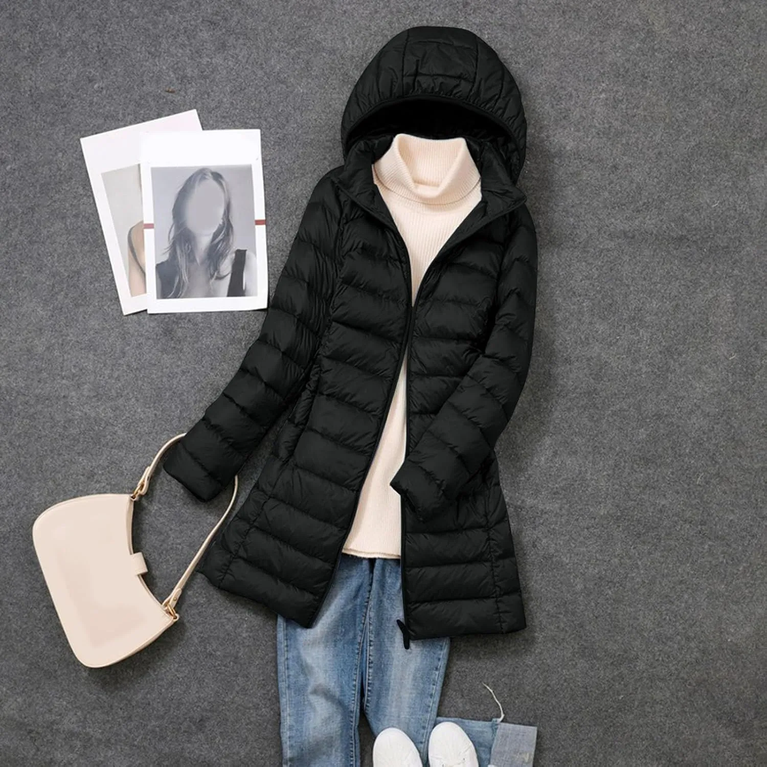 Winter Long Puffer Jacket for Women Slim Fit Waterproof Down Coat Simple Solid Zip Up Quilted Overcoat Outdoor Outwear
