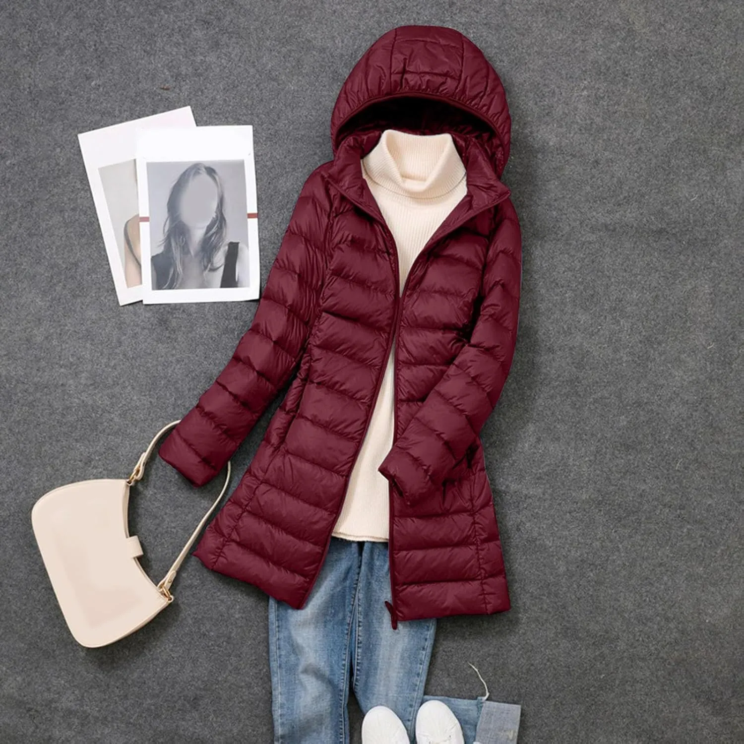 Winter Long Puffer Jacket for Women Slim Fit Waterproof Down Coat Simple Solid Zip Up Quilted Overcoat Outdoor Outwear