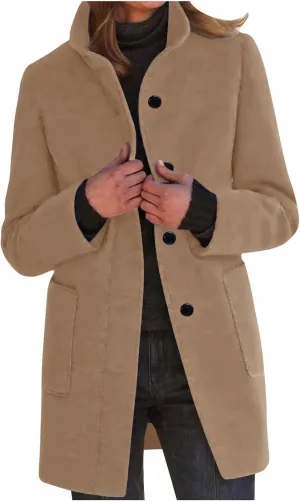 Winter Wool Pea Coat for Women Single Breasted Stand Collar Trench Coat Mid Length Loose Casual Overcoat