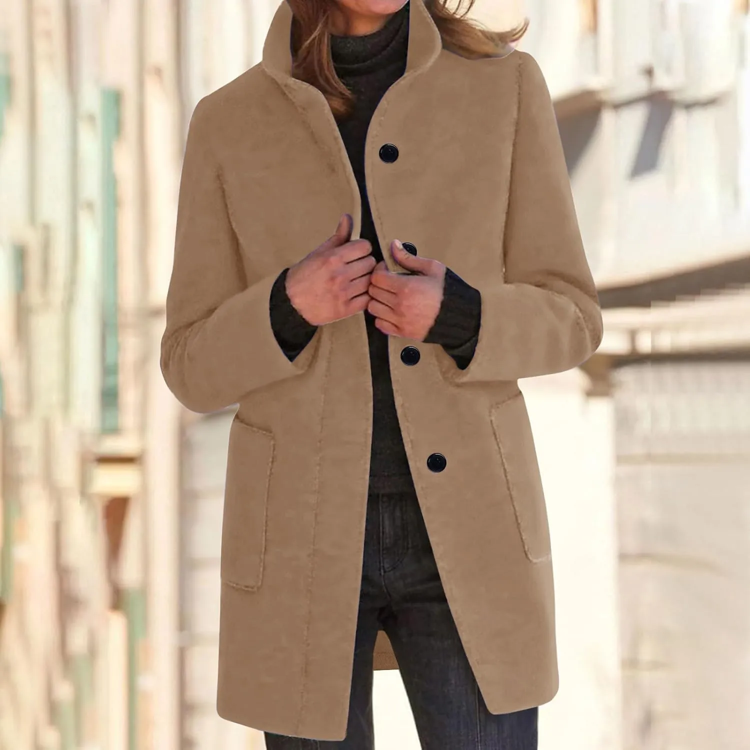 Winter Wool Pea Coat for Women Single Breasted Stand Collar Trench Coat Mid Length Loose Casual Overcoat