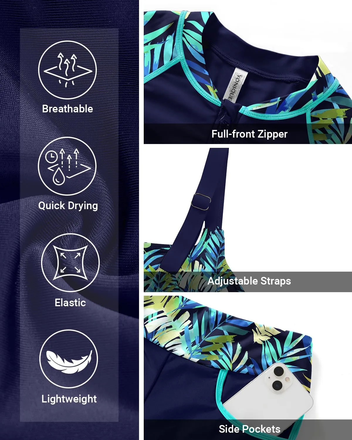Women 3 Piece Rash Guard - Long Sleeve Swimsuit Built in Bra Swim Shirt Zip Bathing Suit with Pocket Shorts