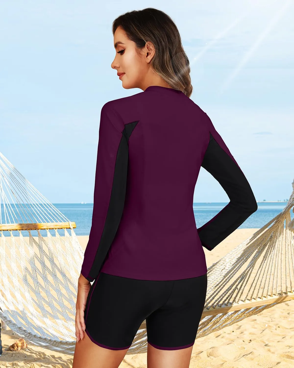 Women 3 Piece Rash Guard - Long Sleeve Swimsuit Built in Bra Swim Shirt Zip Bathing Suit with Pocket Shorts