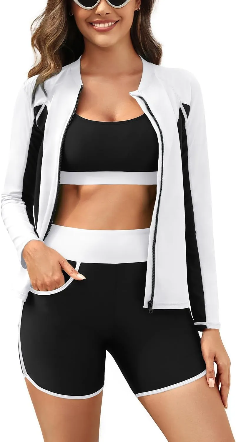 Women 3 Piece Rash Guard - Long Sleeve Swimsuit Built in Bra Swim Shirt Zip Bathing Suit with Pocket Shorts