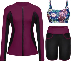 Women 3 Piece Rash Guard - Long Sleeve Swimsuit Built in Bra Swim Shirt Zip Bathing Suit with Pocket Shorts