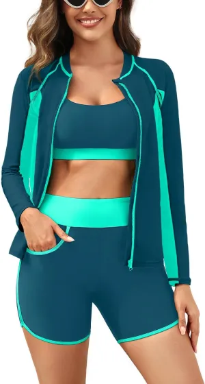 Women 3 Piece Rash Guard - Long Sleeve Swimsuit Built in Bra Swim Shirt Zip Bathing Suit with Pocket Shorts