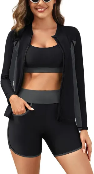 Women 3 Piece Rash Guard - Long Sleeve Swimsuit Built in Bra Swim Shirt Zip Bathing Suit with Pocket Shorts