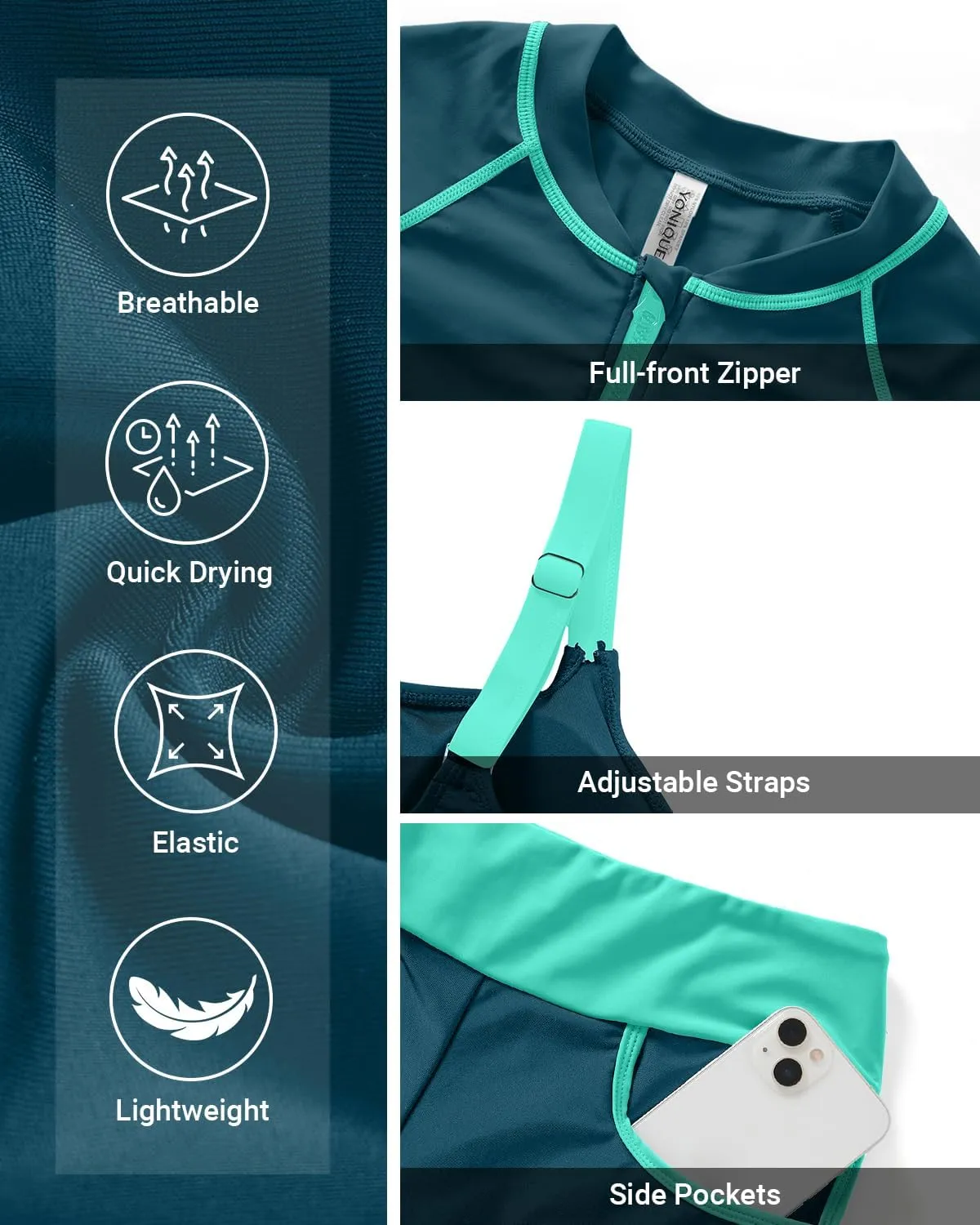 Women 3 Piece Rash Guard - Long Sleeve Swimsuit Built in Bra Swim Shirt Zip Bathing Suit with Pocket Shorts