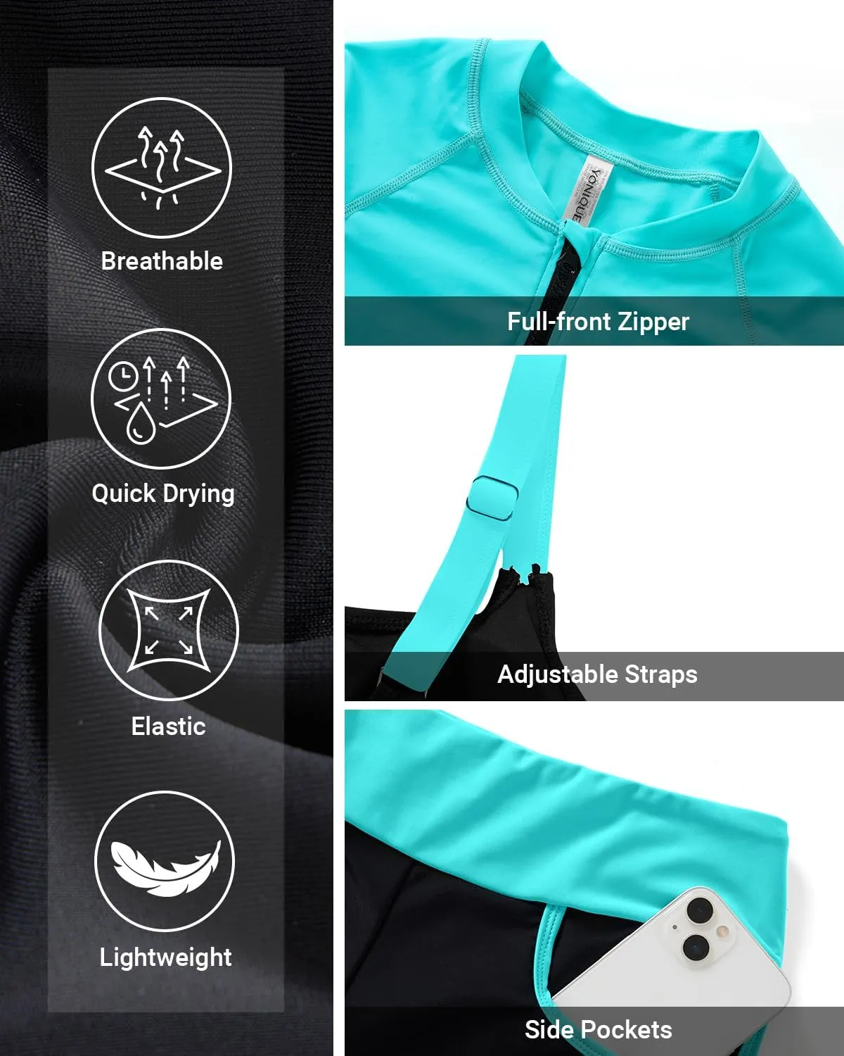 Women 3 Piece Rash Guard - Long Sleeve Swimsuit Built in Bra Swim Shirt Zip Bathing Suit with Pocket Shorts
