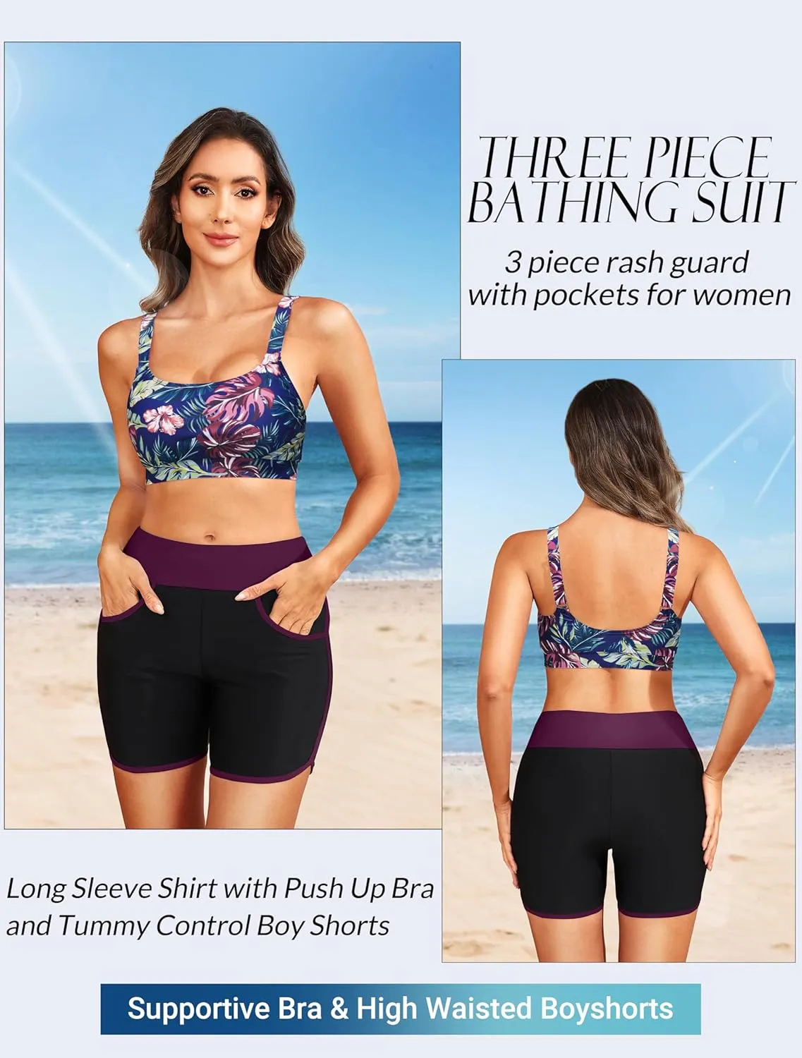 Women 3 Piece Rash Guard - Long Sleeve Swimsuit Built in Bra Swim Shirt Zip Bathing Suit with Pocket Shorts