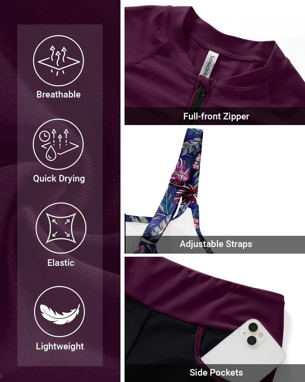 Women 3 Piece Rash Guard - Long Sleeve Swimsuit Built in Bra Swim Shirt Zip Bathing Suit with Pocket Shorts