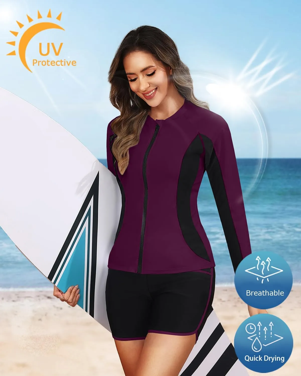 Women 3 Piece Rash Guard - Long Sleeve Swimsuit Built in Bra Swim Shirt Zip Bathing Suit with Pocket Shorts