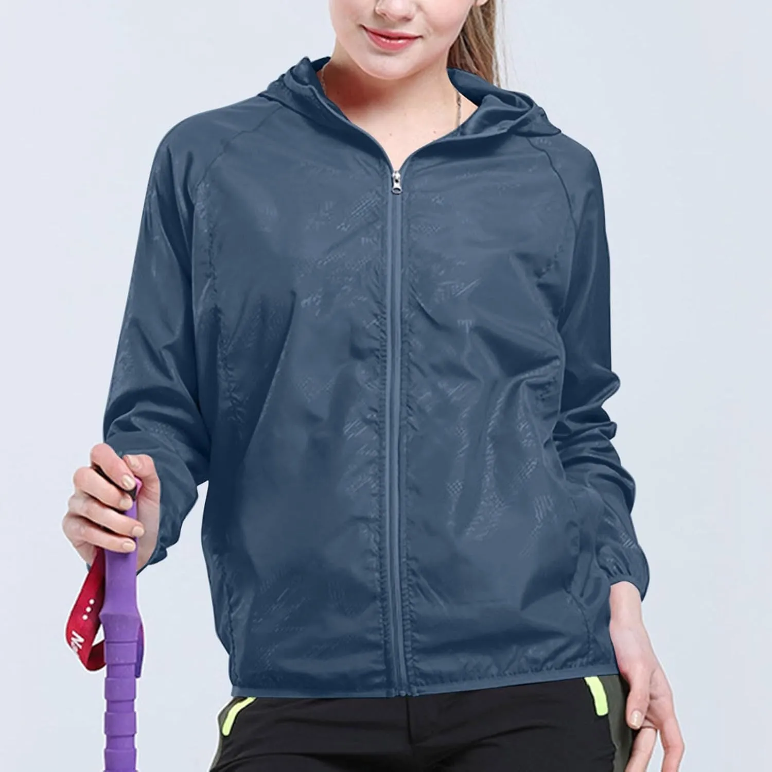 Women Raincoats Lightweight Waterproof Full Zipper Jacket Solid Color Outdoor Active Hooded Windbreaker with Pocket