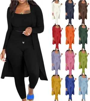 Women's 3 Piece Matching Set Ribbed Lounge Sets Tank Cardigan and Drawstring Pants Loungewear Outfits with Pockets