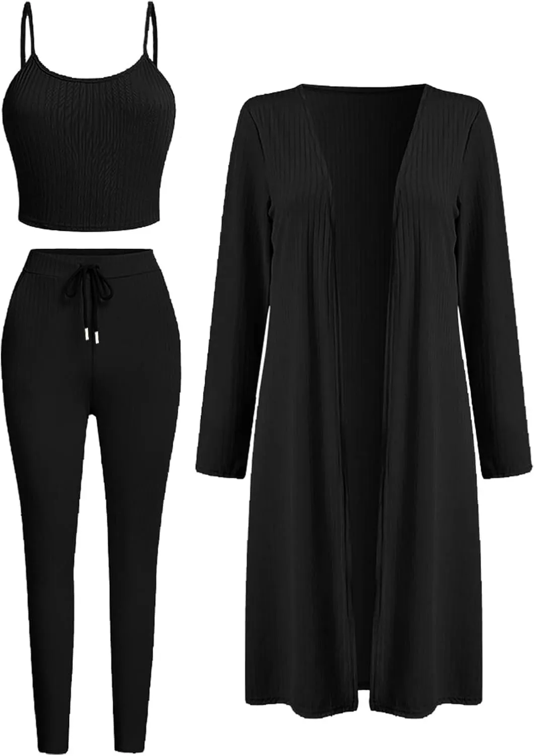 Women's 3 Piece Matching Set Ribbed Lounge Sets Tank Cardigan and Drawstring Pants Loungewear Outfits with Pockets