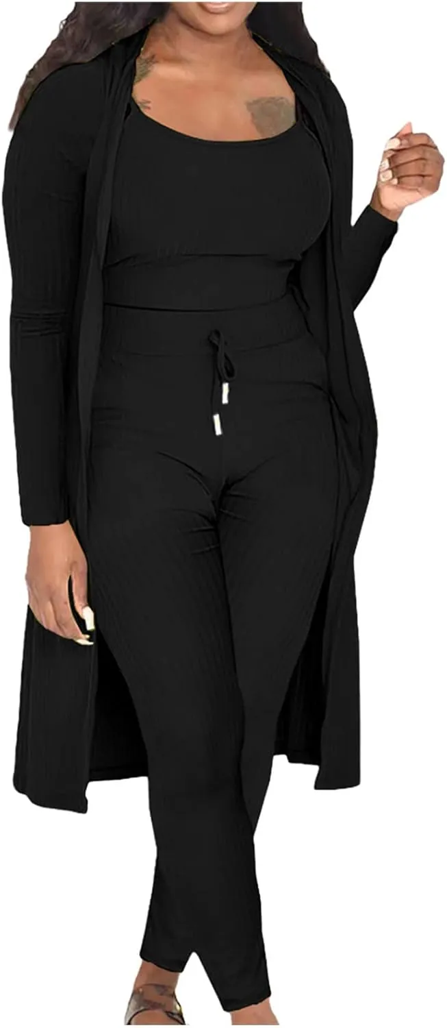 Women's 3 Piece Matching Set Ribbed Lounge Sets Tank Cardigan and Drawstring Pants Loungewear Outfits with Pockets