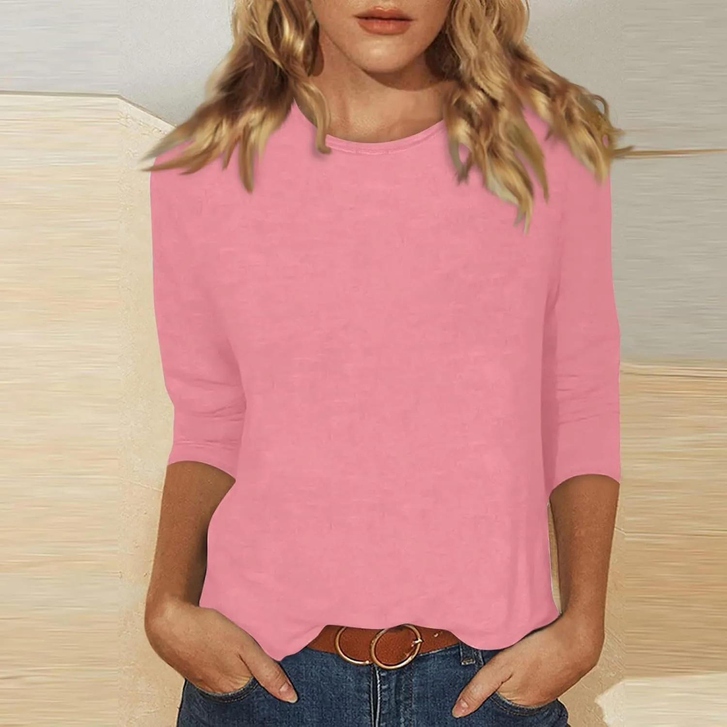 Womens 3/4 Sleeve Tops Dressy Casual Tunic Blouse 2024 Summer Trendy Crew Neck T-Shirt Relaxed Fit Round Neck Tee