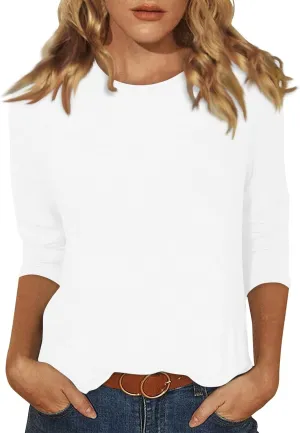 Womens 3/4 Sleeve Tops Dressy Casual Tunic Blouse 2024 Summer Trendy Crew Neck T-Shirt Relaxed Fit Round Neck Tee