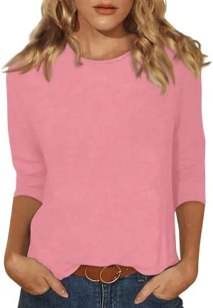 Womens 3/4 Sleeve Tops Dressy Casual Tunic Blouse 2024 Summer Trendy Crew Neck T-Shirt Relaxed Fit Round Neck Tee