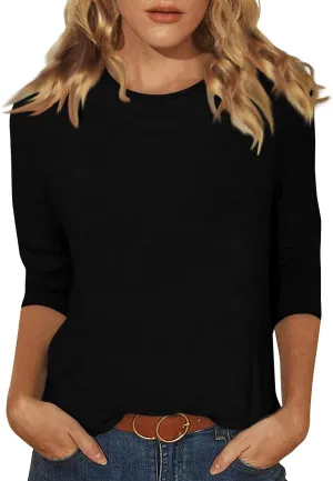 Womens 3/4 Sleeve Tops Dressy Casual Tunic Blouse 2024 Summer Trendy Crew Neck T-Shirt Relaxed Fit Round Neck Tee