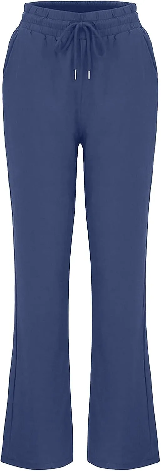 Women's Casual Linen Pants Drawstring High Waist Pants Loose Straight Leg Pants Casual Work Pants Trousers with Pocket
