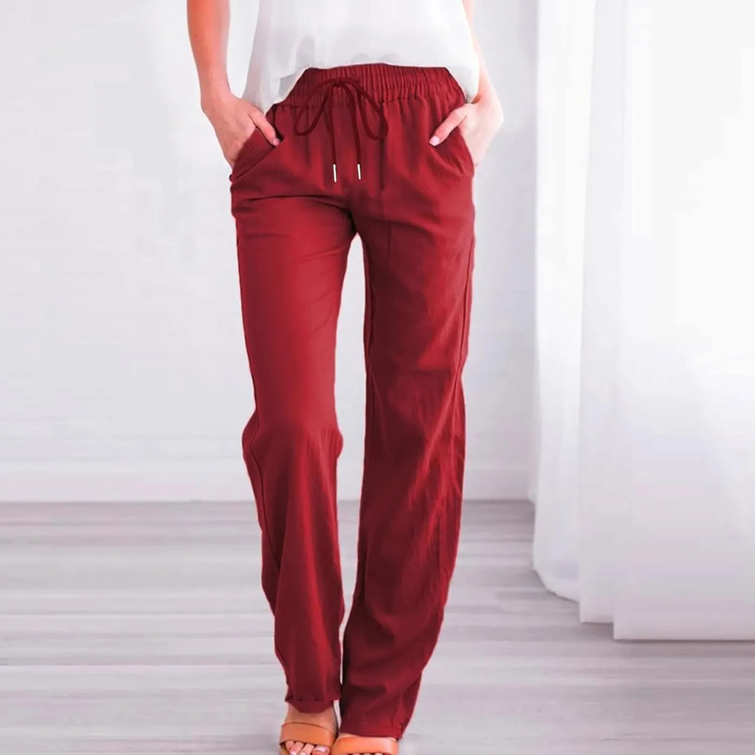 Women's Casual Linen Pants Drawstring High Waist Pants Loose Straight Leg Pants Casual Work Pants Trousers with Pocket