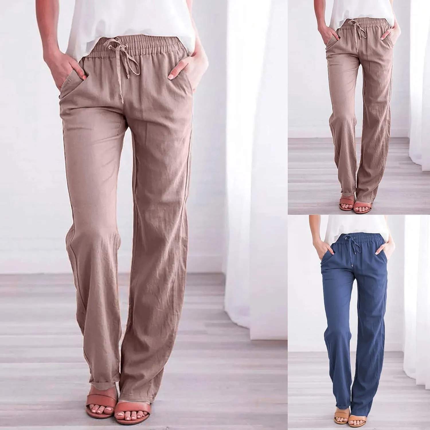 Women's Casual Linen Pants Drawstring High Waist Pants Loose Straight Leg Pants Casual Work Pants Trousers with Pocket