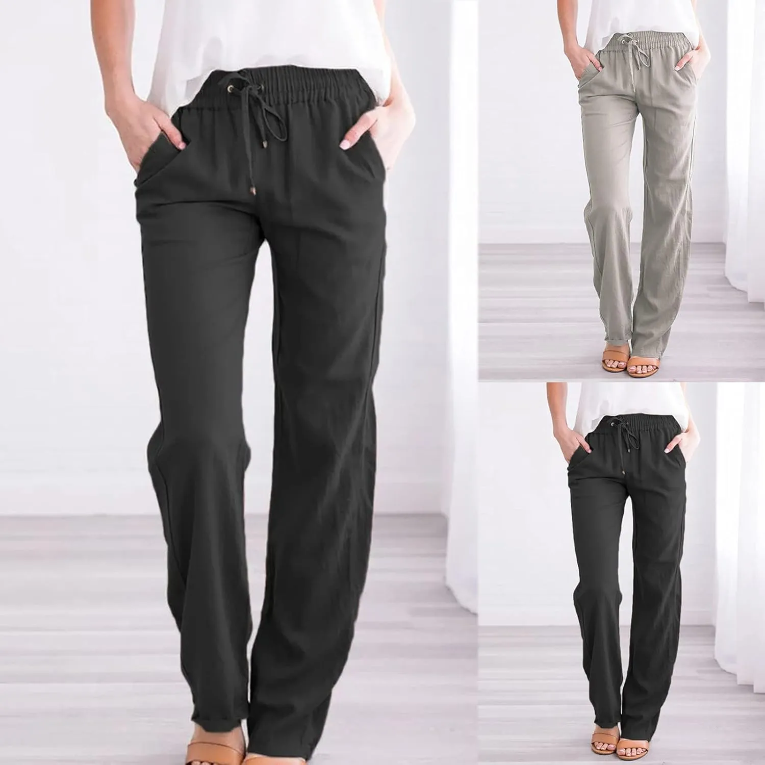 Women's Casual Linen Pants Drawstring High Waist Pants Loose Straight Leg Pants Casual Work Pants Trousers with Pocket