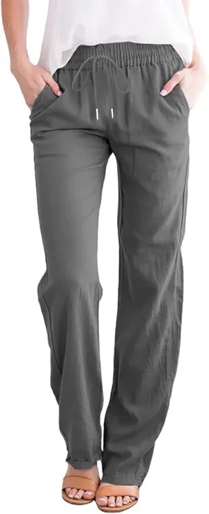 Women's Casual Linen Pants Drawstring High Waist Pants Loose Straight Leg Pants Casual Work Pants Trousers with Pocket