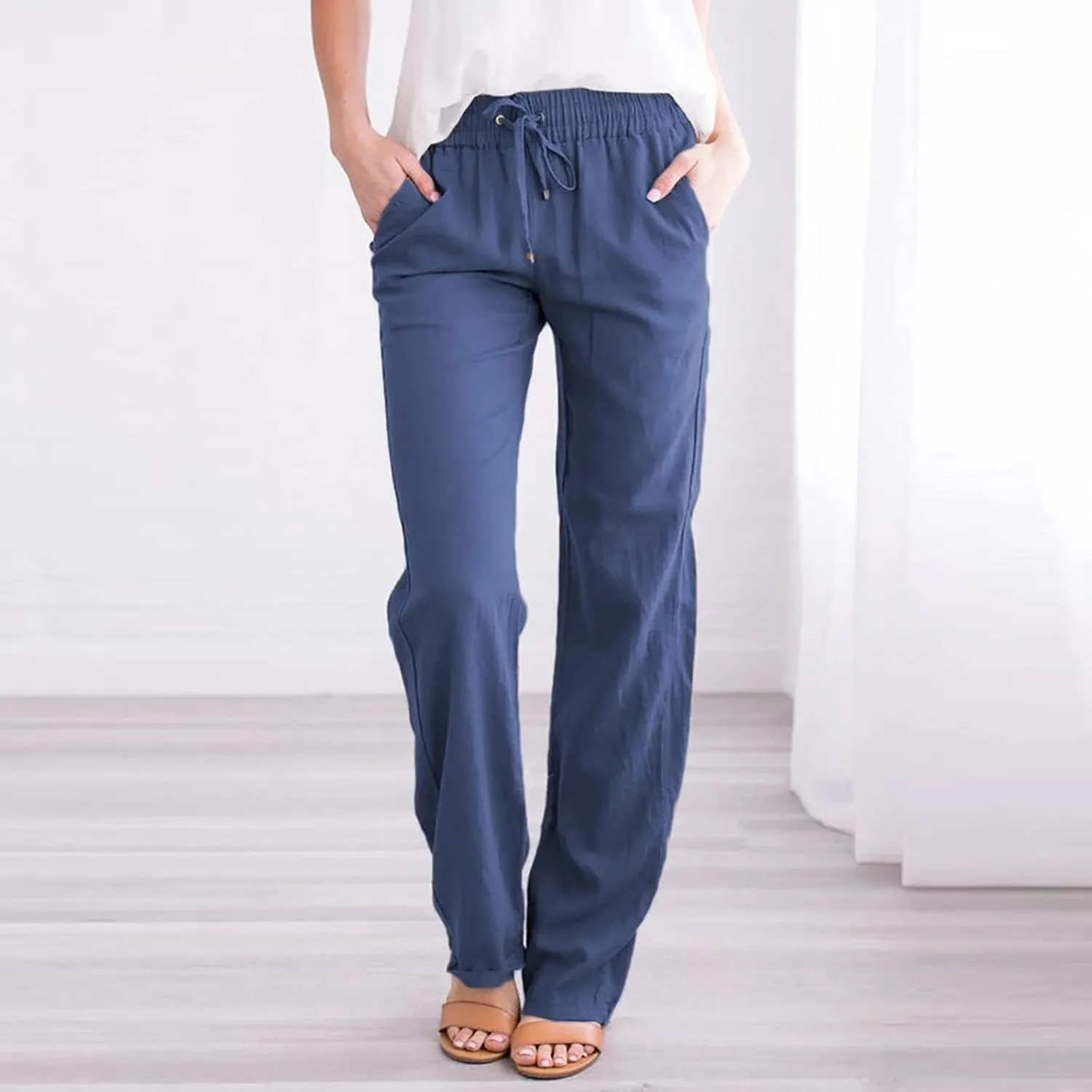Women's Casual Linen Pants Drawstring High Waist Pants Loose Straight Leg Pants Casual Work Pants Trousers with Pocket