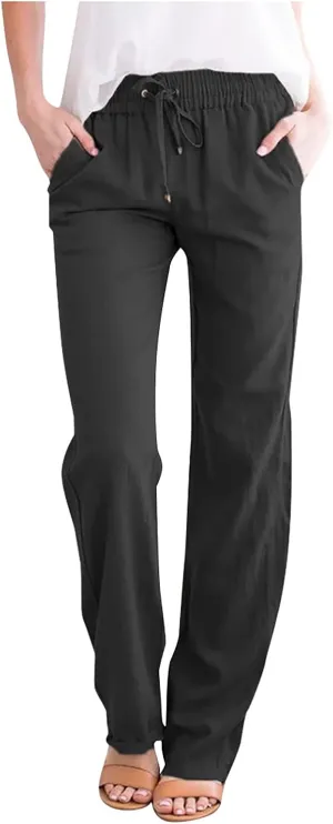 Women's Casual Linen Pants Drawstring High Waist Pants Loose Straight Leg Pants Casual Work Pants Trousers with Pocket