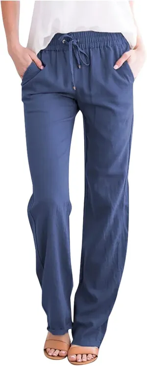 Women's Casual Linen Pants Drawstring High Waist Pants Loose Straight Leg Pants Casual Work Pants Trousers with Pocket