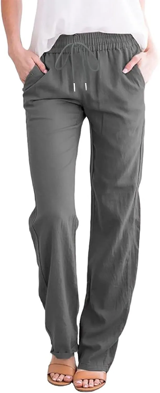 Women's Casual Linen Pants Drawstring High Waist Pants Loose Straight Leg Pants Casual Work Pants Trousers with Pocket